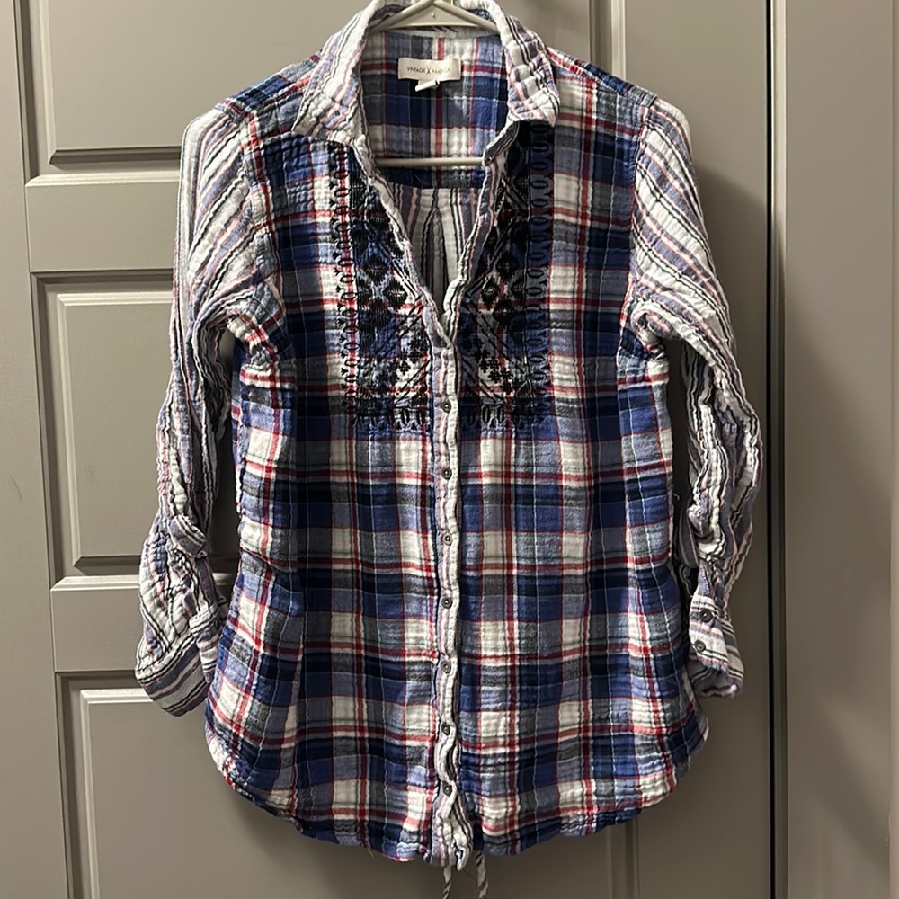Vintage America Large Nadia Plaid Button Down Top in Blue Quart Yardley Plaid
